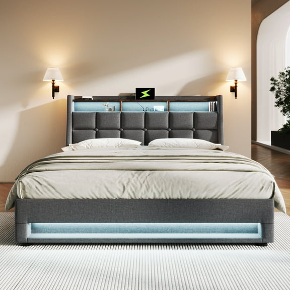 Furvclv Full Size Upholstered Platform Bed With Hydraulic Storage System, LED Lights, USB Charging Slat Mattress Foundation, No Box Spring Needed For Bedroom Living Room