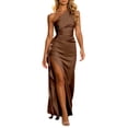 thumbnail image 2 of EliteGoogv Womens One Shoulder Dresses Asymmetrical Pleated Slit Satin Dresses For Women Slim Fit Side Slit Summer Dresses Evening Wedding Guest Dresses Brown, 2 of 5