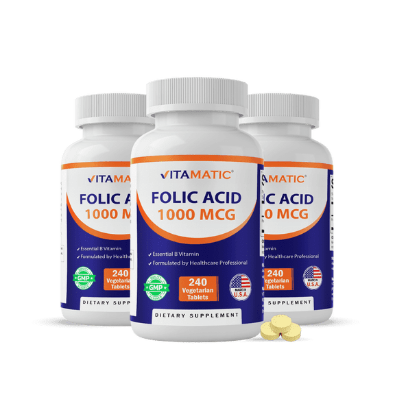 3 Pack - Vitamatic Folic Acid 1000 mcg (1 mg) - 240 Vegetarian Tablets - 1667 mcg DFE - Vitamin B9 (Total 720 Tablets)