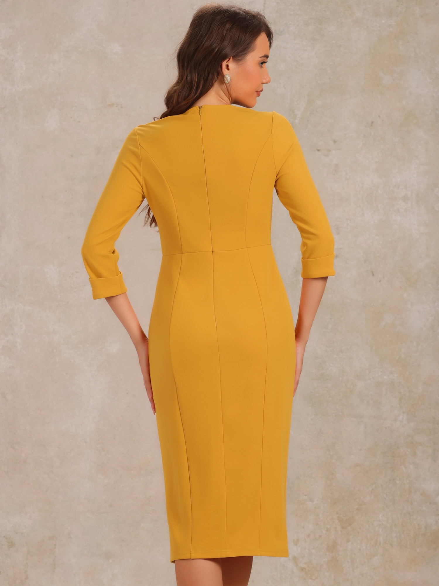 DARING DIVA Elegant Boat Neck 3/4 Sleeves Midi Split Sheath Dress S Yellow