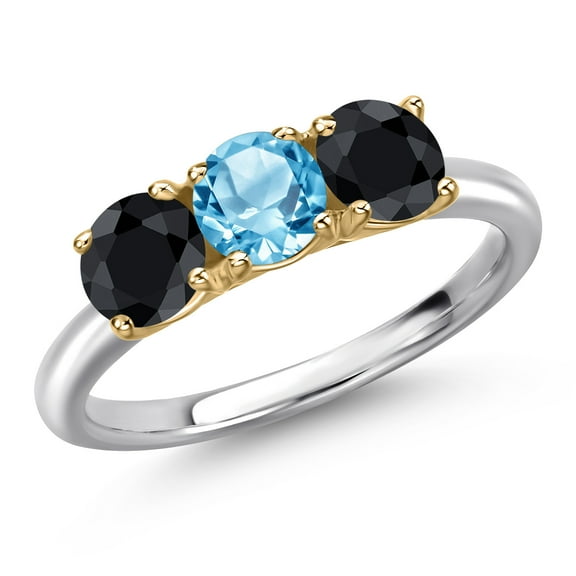 Gem Stone King 10K Two Tone Gold Swiss Blue Topaz and Black Sapphire Engagement Ring for Women | 2.03 Cttw | Round 5MM | Gemstone November Birthstone | Size 8