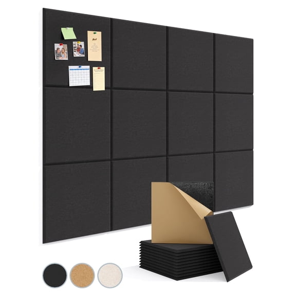 Kuchoow Large Cork Boards for Walls 48" x 36" Bulletin Boards with Pushpins for Office, 12 Pack Self-Adhesive Tack Board Self-Adhesive Black Felt Wall Tiles for Room Classroom