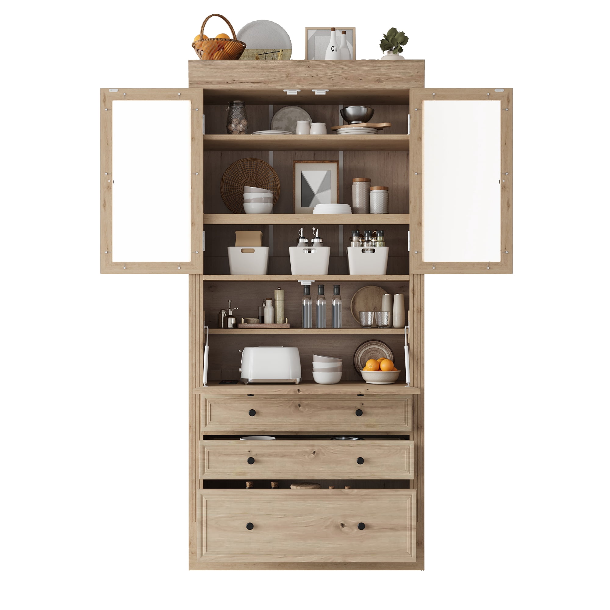 Euroco 36x16.5x78inch Freestanding Kitchen Pantry Storage Cabinet,Multifunctional Cupboard with 3 Drawers,Adjustable Shelves and Power Outlet for Dining,Living Room,Natural