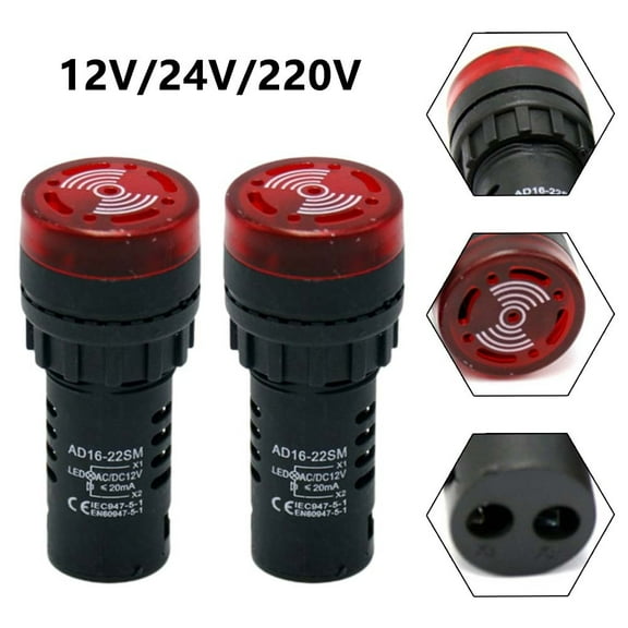 2Pcs Ad16-22Sm Sound Light Alarm Ac Dc12V 24V 220V Flash Buzzer Red 12V