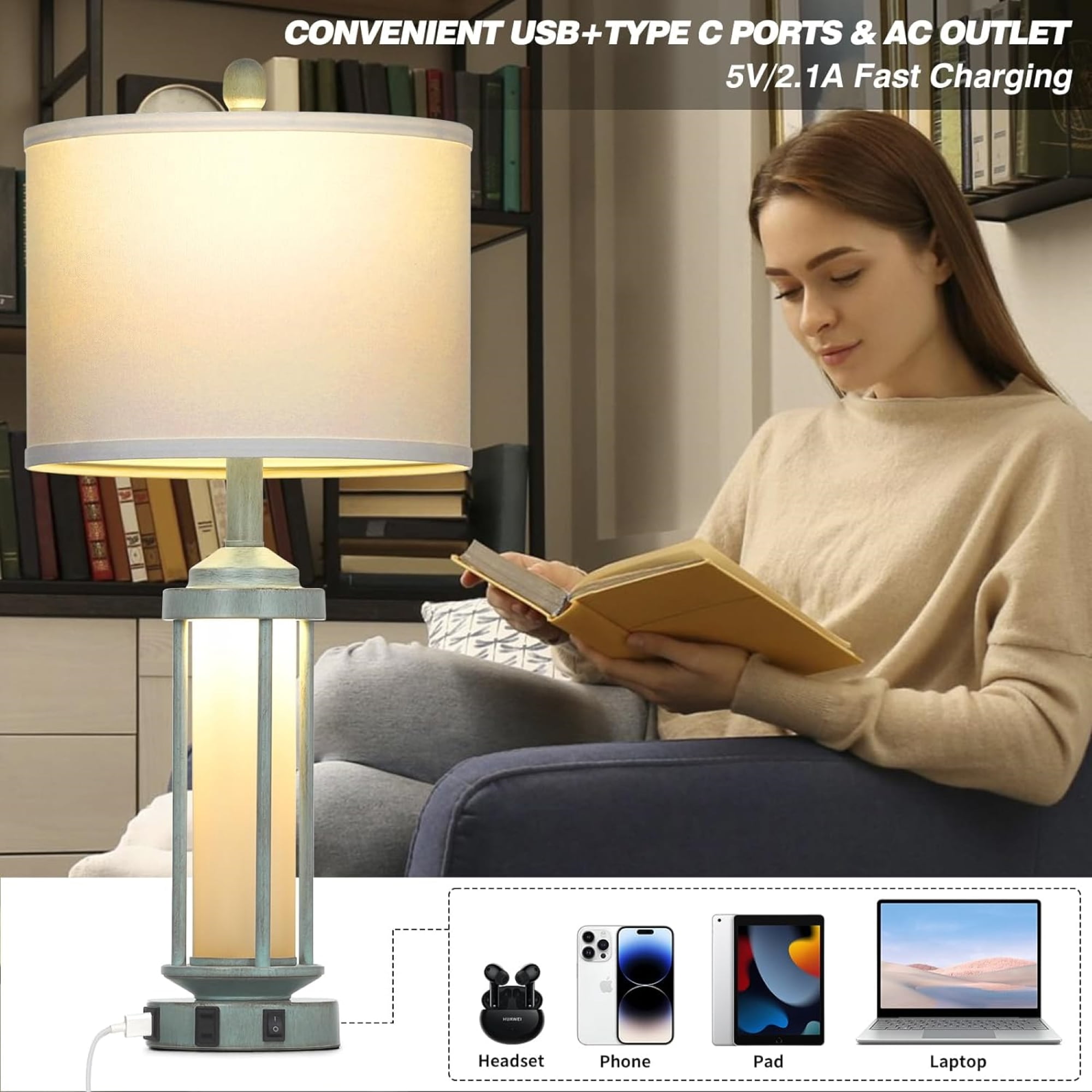Cinkeda Industrial Table Lamps Set of 2 for Living Room Bedroom Coastal Blue Bedside Nightstand Lamp with USB A+C Ports AC Outlet Glass Nightlight