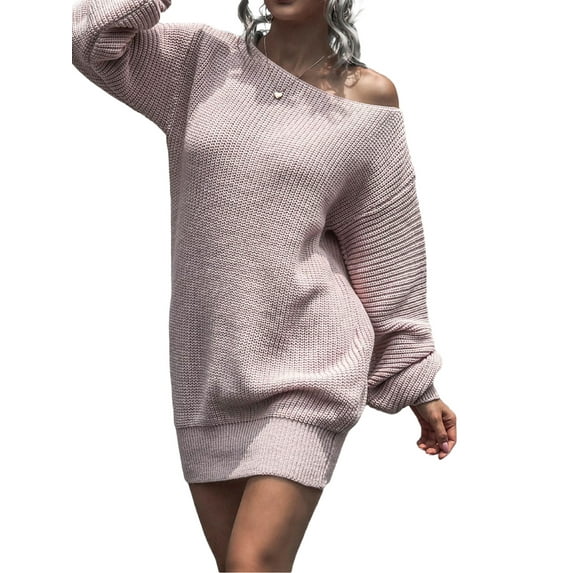 Lamuusaa Women's Off Shoulder Sweater Dress Long Sleeve Solid Color Loose Knit Dress Fall Mini Dress