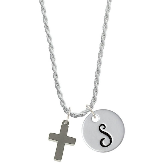 Delight Jewelry Stainless Steel 5/8" Cross - Silvertone Script Initial Disc - S - Charm Necklace, 20"+3"