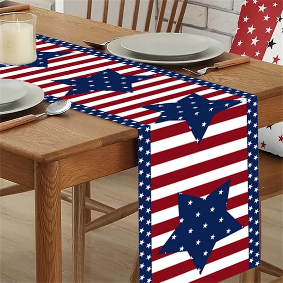 Independence Day Linen Style Table Runner Patriotic Gnome and Star Print Tablecloth for July 4th Picnic Holiday Party Indoor Outdoor Table Decoration