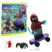 LEGO Marvel Superheroes Spider-Man Across the Spider-Verse Minifigure - Miles Morales Minifigure with Skateboard, Spider, Cool Web Blasts, and Minifigureland Tile 76178