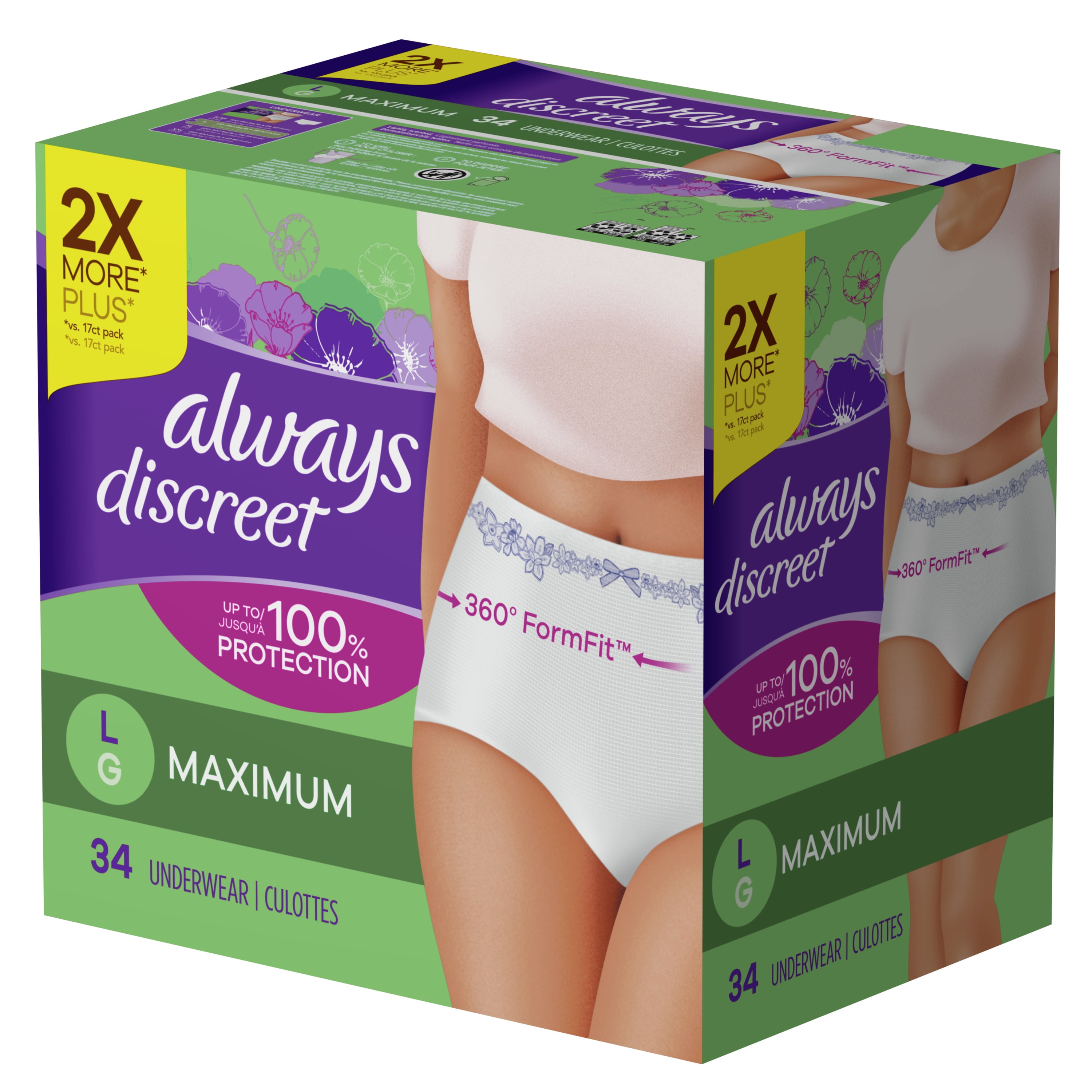 Always Discreet Incontinence Underwear for Women Maximum Absorbency, L, 34  Count 