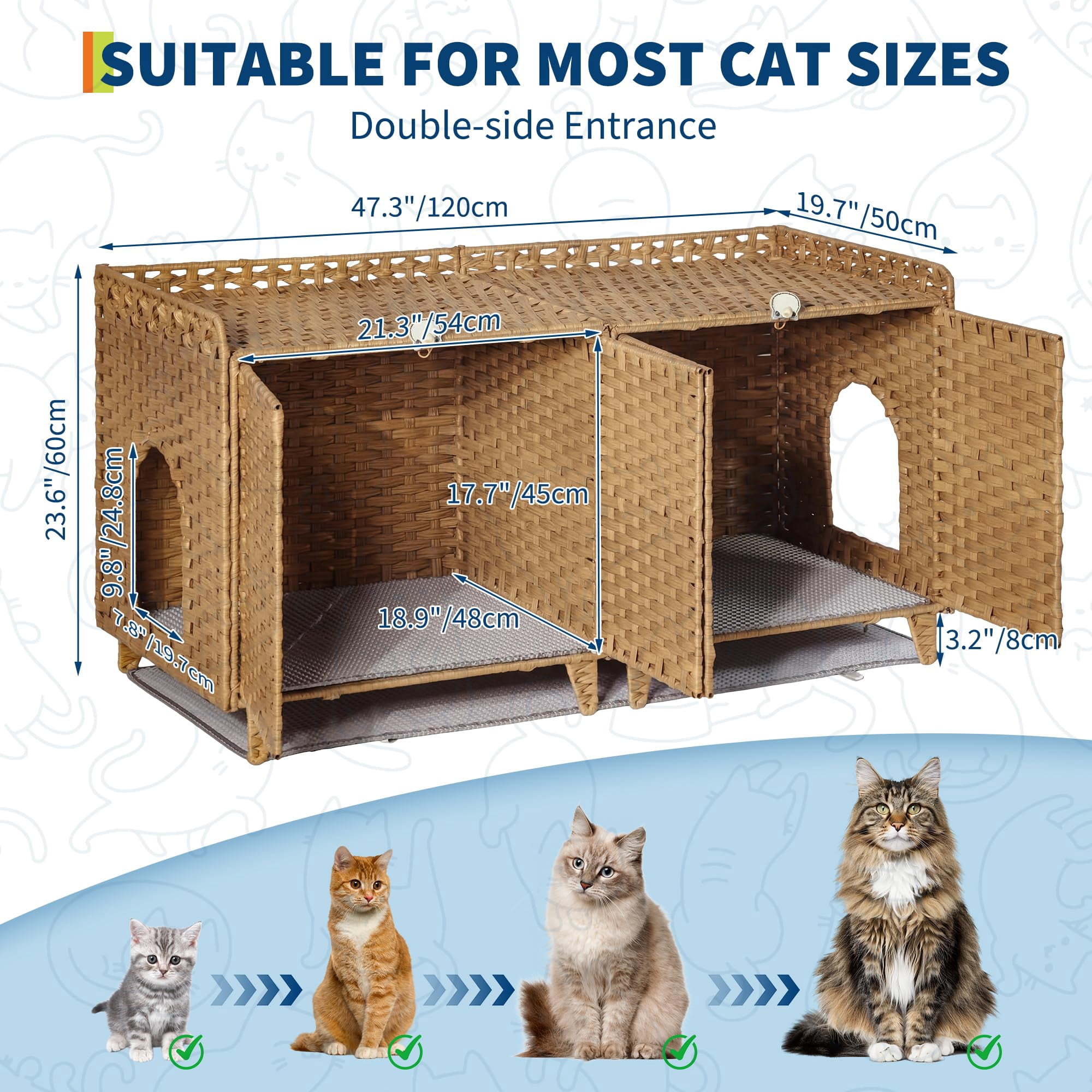 Double Litter Box Enclosure for 2 Cats - Rattan Hidden Cat Furniture with Litter Mat 2 Hooks & Doors, Large Cat House for 2 Litter Boxes, Easy Clean, 47.2" l x 19.7" w x 23.6" h Brown