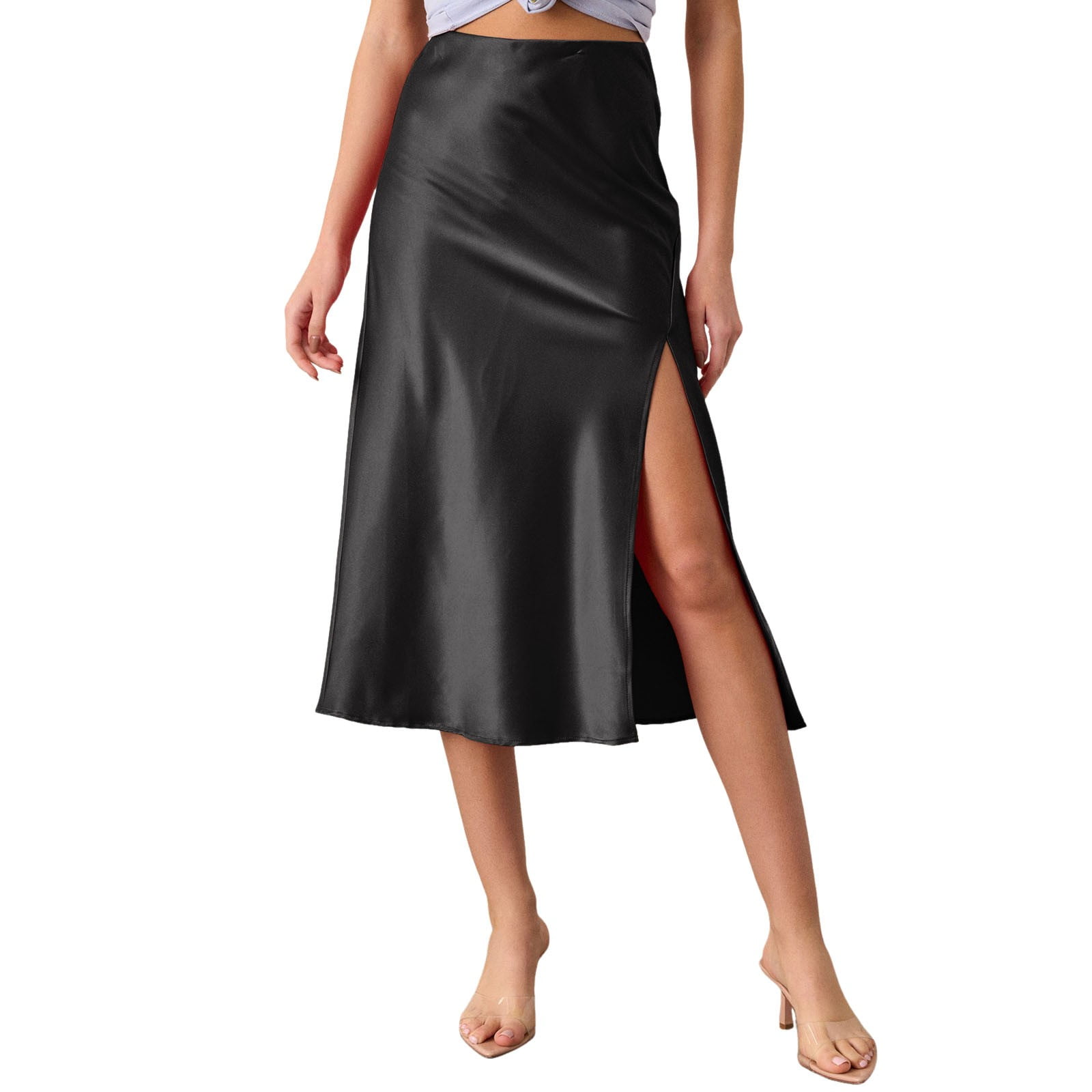 Women's Satin Silk High Waist Slit Midi Skirt Elastic Waistband