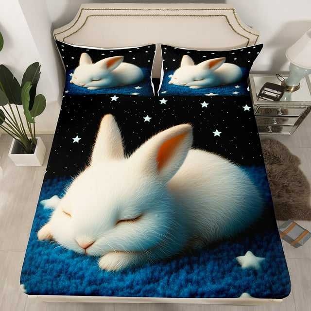 Erosebridal Cute Rabbit Fitted Sheet Set Queen, Farm Animal Bedding Queen Size, Psychedelic Stars Room Decor, 3pcs (No Top Sheet)
