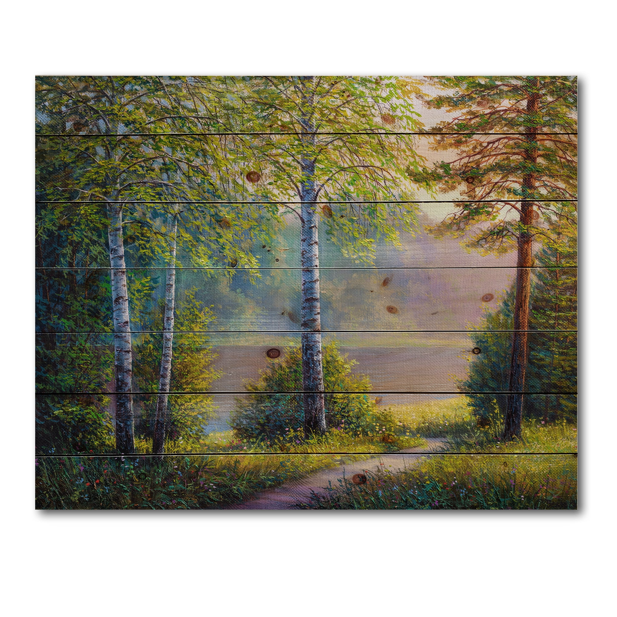 Designart 'Subtle Sunset Light Through The Trees I' Traditional Print on Natural Pine Wood