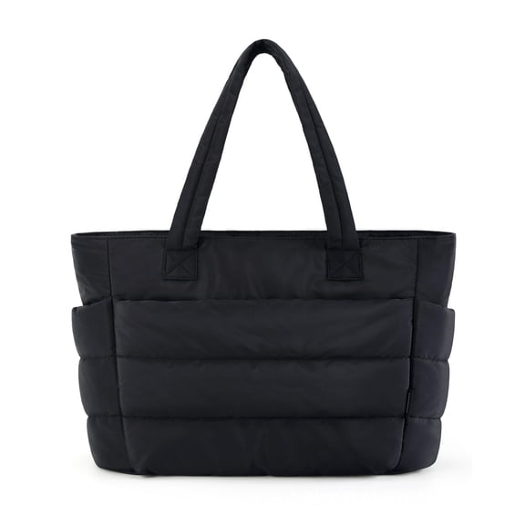 LAPTOM MAX Large Capacity Lightweight Puffer Tote Bag for Women, Waterproof Quilted Shoulder Handbag for Daily Travel, Gym, Work, Black