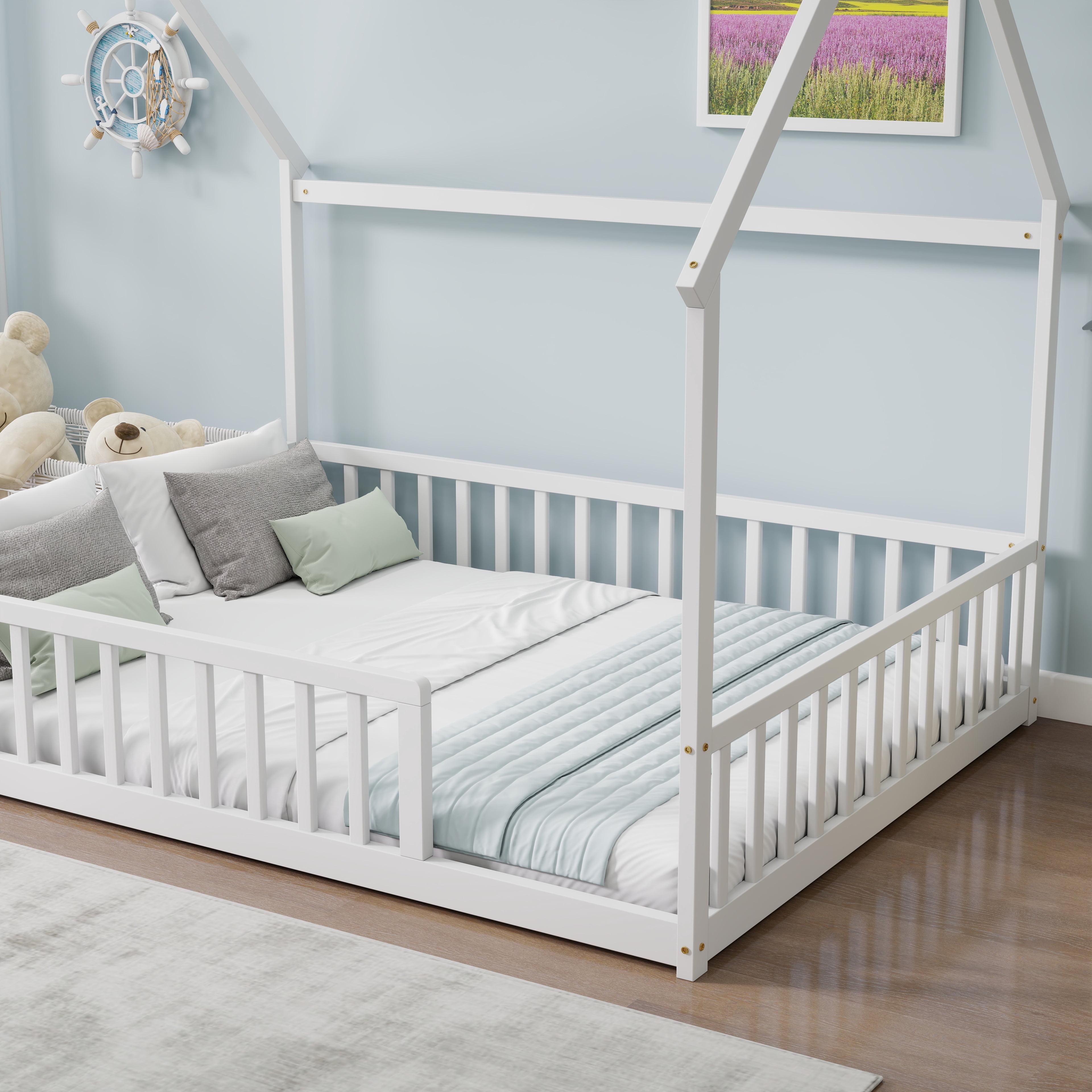 Full Size House Floor Bed with Full Surround Safety Fence, Solid Pine Wood Montessori Kids Playhouse Bed Frame Max 300 LBS No Box Spring Needed for Toddler Bedroom Nursery