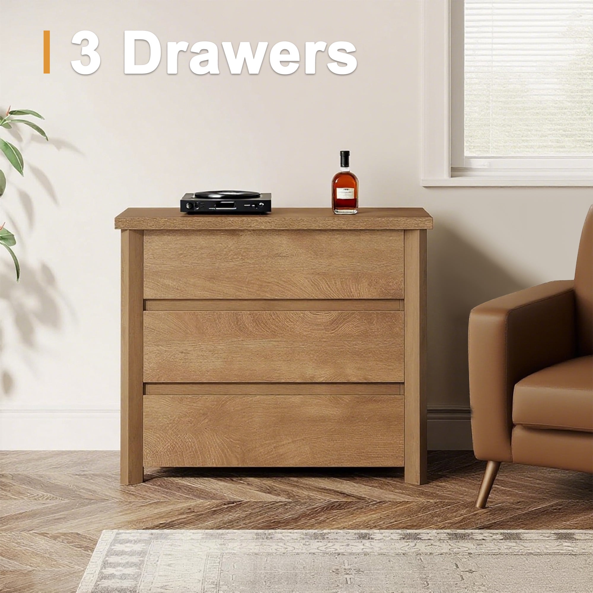 MAYEERTY 3-Drawer Rustic Brown Nightstand, Smooth Sliding Drawers Spacious Storage Bedside Table for Bedroom