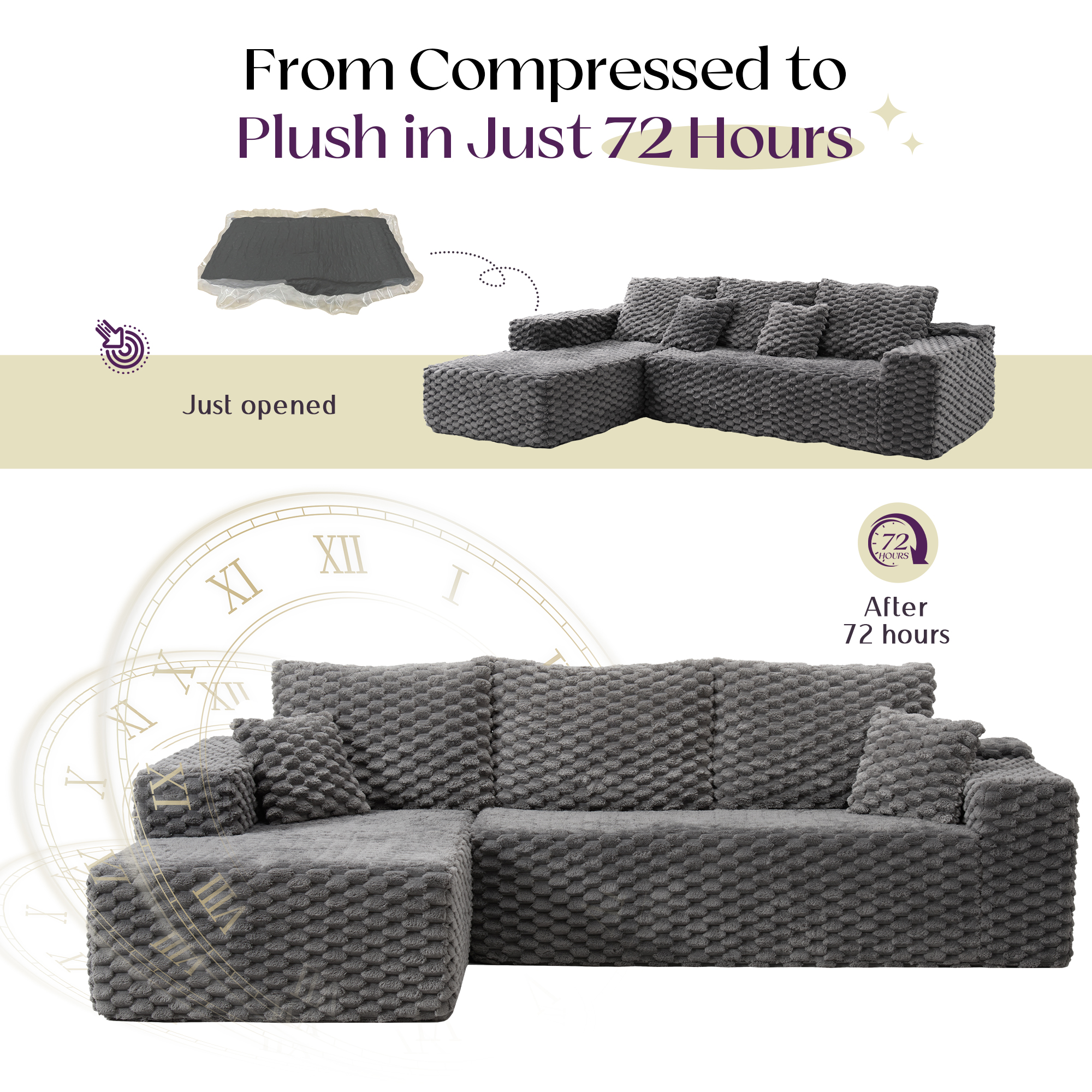 VANACC 106" Sectional Sofa, Morden Deep Seat Oversized Couch with Plush Pillows, Pet-Friendly Upholstery, No Assembly Required, Grey