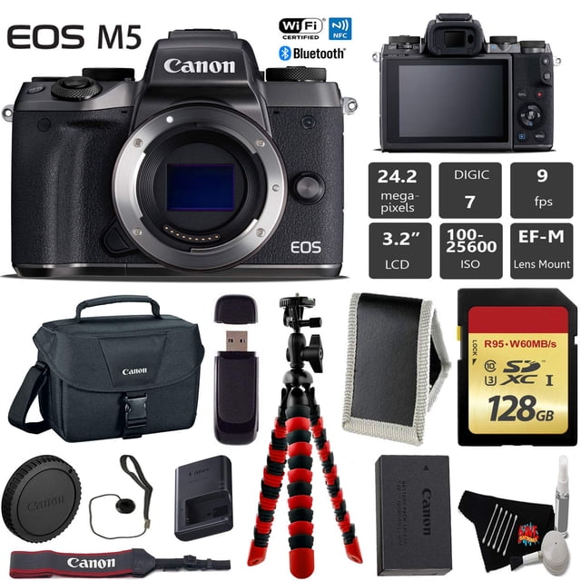 Canon EOS M5 Mirrorless Digital Camera (Black, Body Only) + 128GB Class 10 Memory Card + Canon Camera Case + Flexible Tripod + Memory Card Wallet + Cap Keeper + Card Reader - Intl Model Canon 128GB - Basic Kit - AF7CNM5BBODYKB4