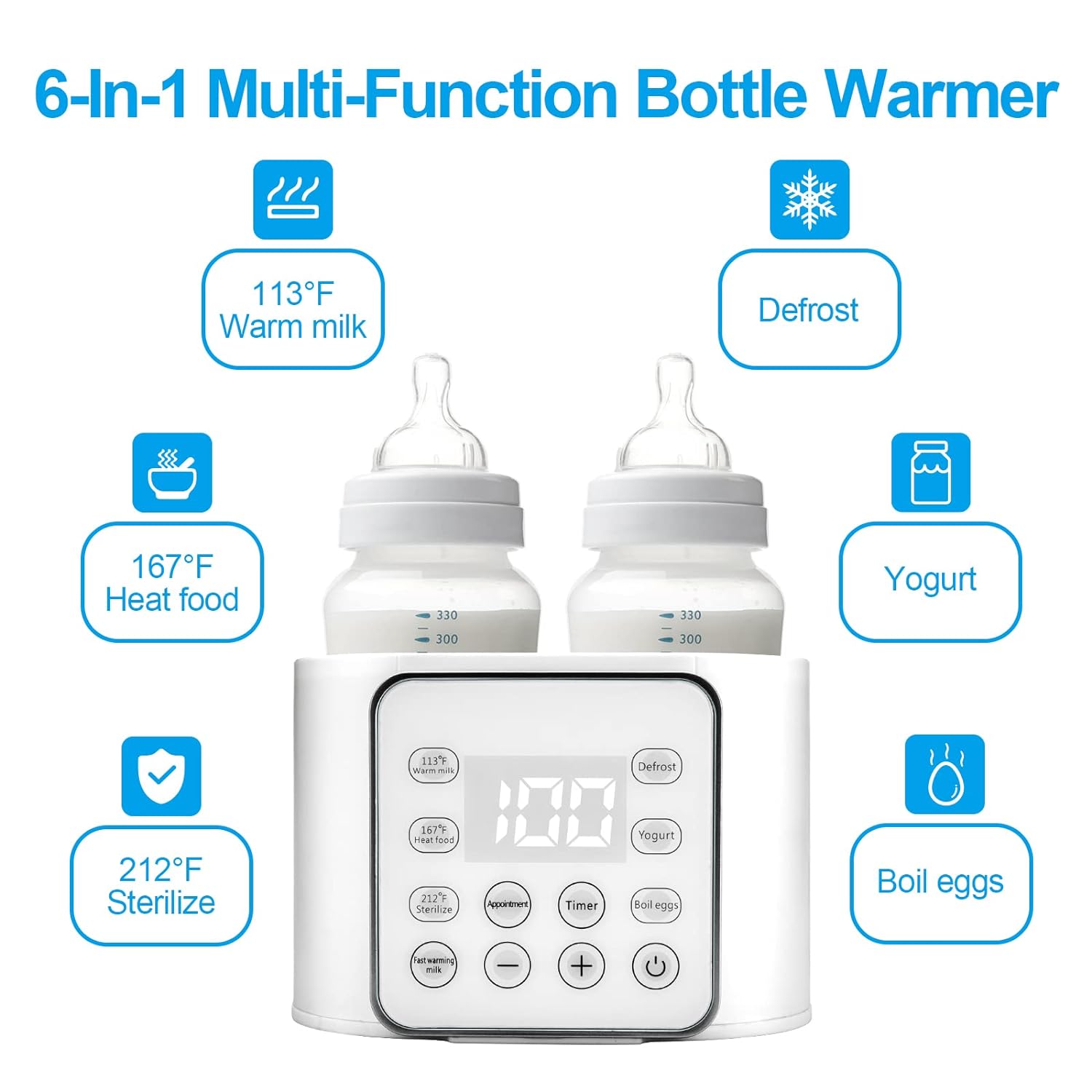 Bottle Warmer,Double Bottle Warmer with Appointment &Timer,6-in-1 Fast Baby Food Heater & Defrost