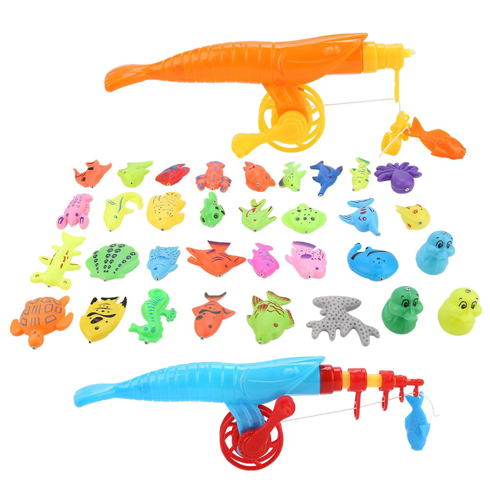 2 cannes à pêche jouets pour animaux marins Ensemble de 34 jouets de pêche magnétiques comprenant 31 poissons 1 sac de rangement jouets de pêche pour enfants activités amusantes en famille 