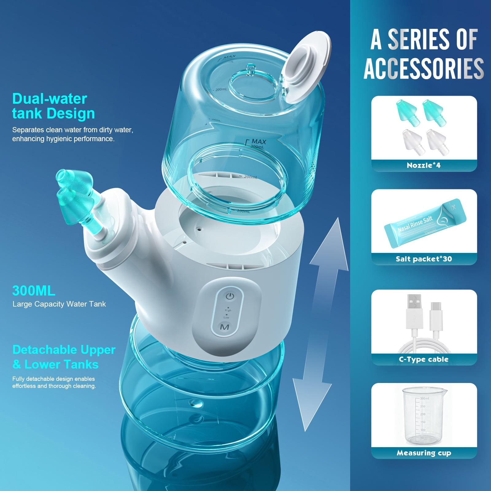 MAOEVER Nasal Irrigation System - Gentle Sinus Rinse for Nasal Congestion, Sinus Relief, Sensitive Nasal Mucosa & Dry, Irritated Noses- Dual Tank with 30 Salt Packets, Measuring Cup & 4 Tips (300mL)