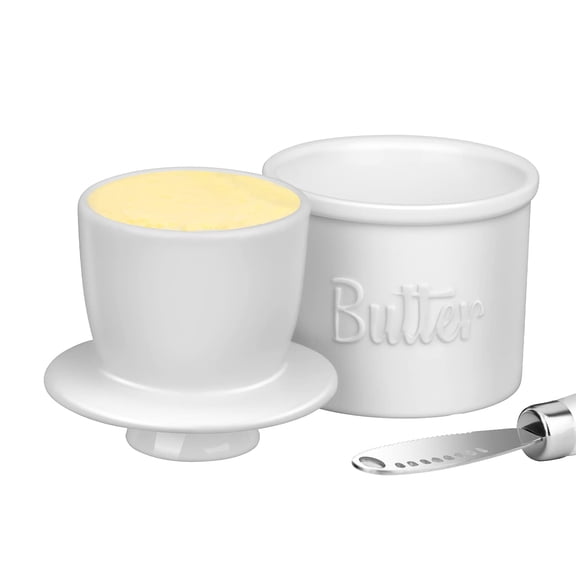 Emlimny French Butter Dish Keeper Crock, Porcelain Butter Storage Container with Water Seal Freshness, Includes Butter Spreader Knife. Countertop Kitchen Butter Dish for Dinner Table
