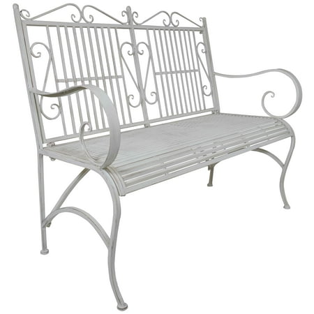An Outdoor Antique White Metal Bench Chair Porch Patio Garden An Outdoor Antique White Metal Bench Chair Porch Patio Garden Deck Decor
