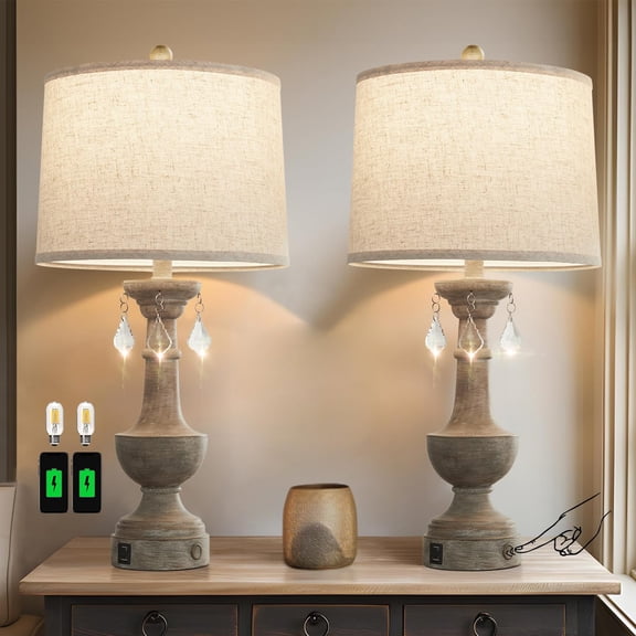 JUJUYUYOP Three-Level Dimmable Table Lamps Set of 2, with USB Port, 25" Farmhouse-Style Touch Bedside Lamp, Suitable for Living Room, Bedroom, Nightstand