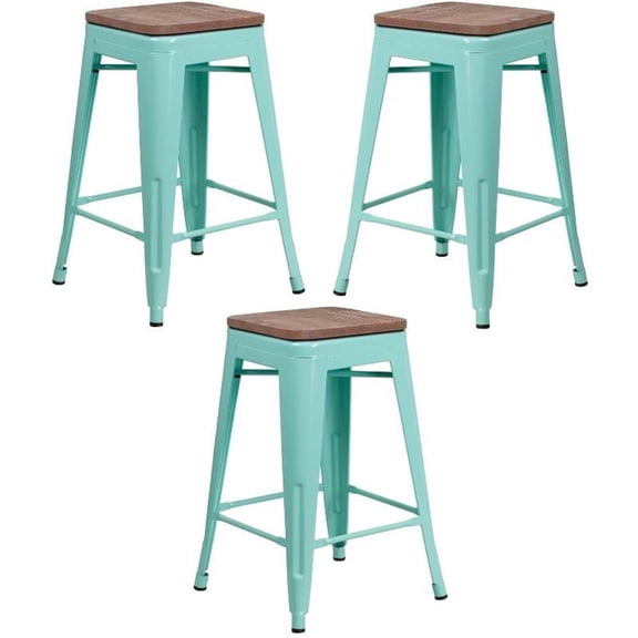 Home Square 24" Backless Metal Counter Stool in Mint Green - Set of 3