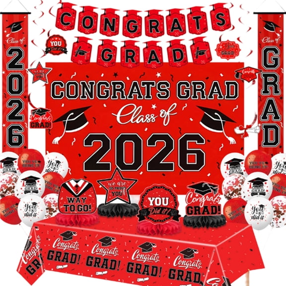Congrats Grad Graduation Party Decorations Set 2026, 48pcs Red Balloons and Banner Kit for High School or College Celebration, Easy to Assemble Backdrop Photo Booth Decor