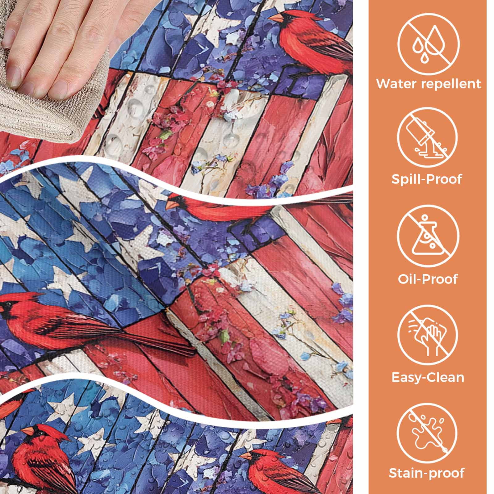 Square Tablecloths, 4th of July Retro USA Flag Bird Waterproof Table Cloths, Red Blue White Wood Floral Spillproof Decorative Dining Table Covers for Kitchen,Indoor Outdoor Parties, Camping 54x54in