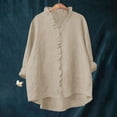 thumbnail image 3 of Bosfbaoi Womens Blouse Ruffled V Neck Button Down Oversized Rolled Long Sleeve Solid Linen-Look Casual Tops for Women, 3 of 5