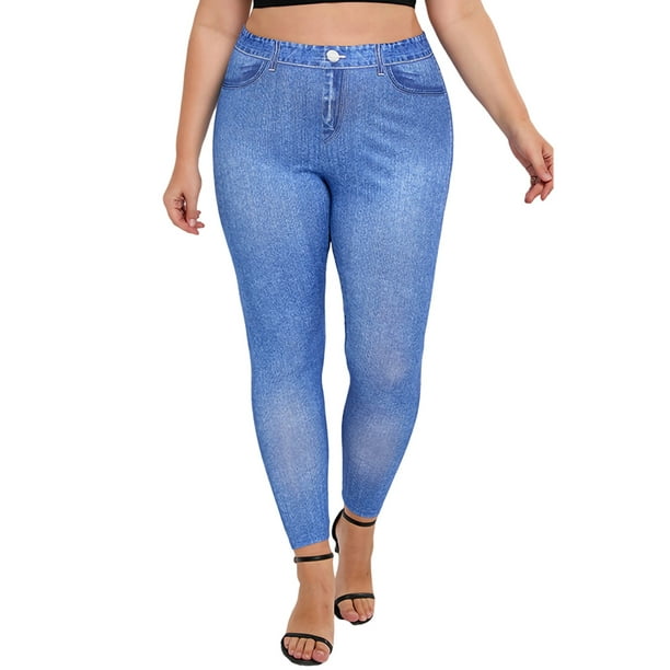 Innerwin Look Print Jeggings High Waist Ladies Fake Jeans Sport Plus Size  Skinny Printed Denim Leggings Blue-C 5XL 