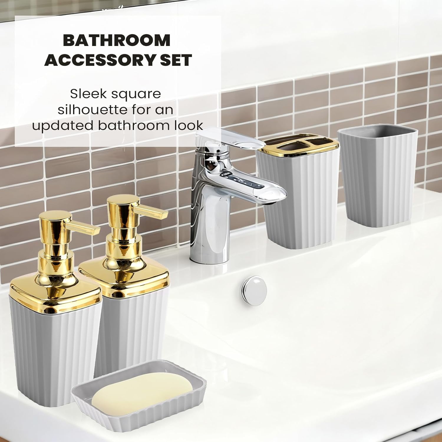 Black and Gold Bathroom Accessories Set - 9 Piece Complete Organization Kit with Slim Pop-up Trash Can, Toilet Brush, Lotion Dispensers, Jars & Soap Dish - Modern Matte Stripe Bathroom Decor
