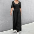 thumbnail image 2 of Women Short Sleeve Summer Solid Jumpsuits Casual U Neck Elastic Waist Wide Leg Cropped Pant Loose Flowy Comfy Rompers, 2 of 4