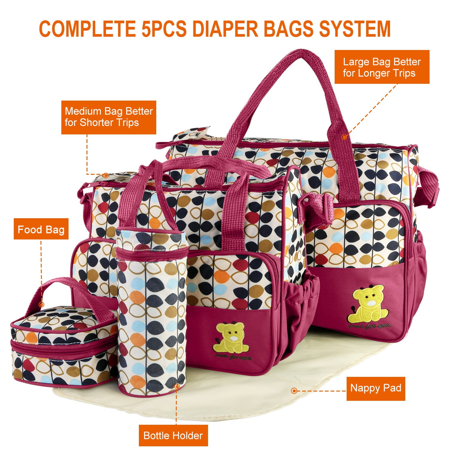 SONARIN 7pcs Nappy Changing Bag Set,Multifunction Mummy Tote Bag Baby  Changing Bag Shoulder Handbag Travel Diaper Bag with Bottle Bag Changing  Mat and