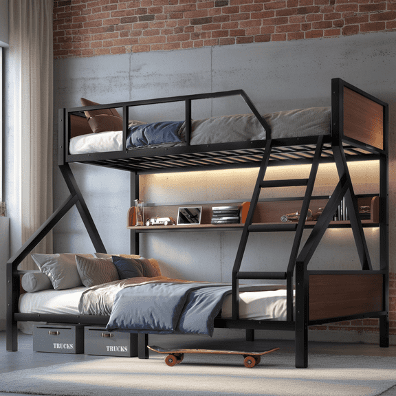 Twin over Full Bunk Bed with Storage Shelves & LED Lights, Metal Bunk Bed with Built-in Shelves, Heavy-Duty Space-Saving Design, Noise-Free Frame, for Shared Rooms & Small Spaces, Black