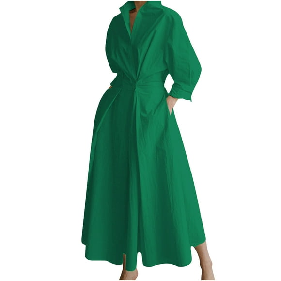 cfhntfmh Women's Casual Dresses Long Sleeve Collared V Neck Long Maxi Dress with Pockets Lounge Formal A-Line Dress
