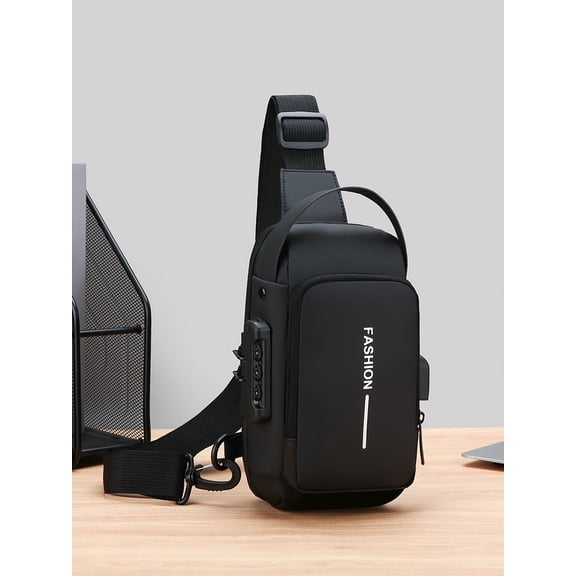 Travel Sling Bag Waterproof Crossbody Bag with Combination Lock Anti-Theft PU Leather Chest Bag with USB Charging Hole Shoulder Backpack Motorcycle Bags Black