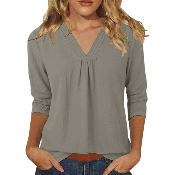 DHFJKG Womens V Neck T Shirt Loose Fit 3/4 Sleeve Solid Color Basic Tee Summer Breathable Linen Beach Vacation Clothes Comfy Tops