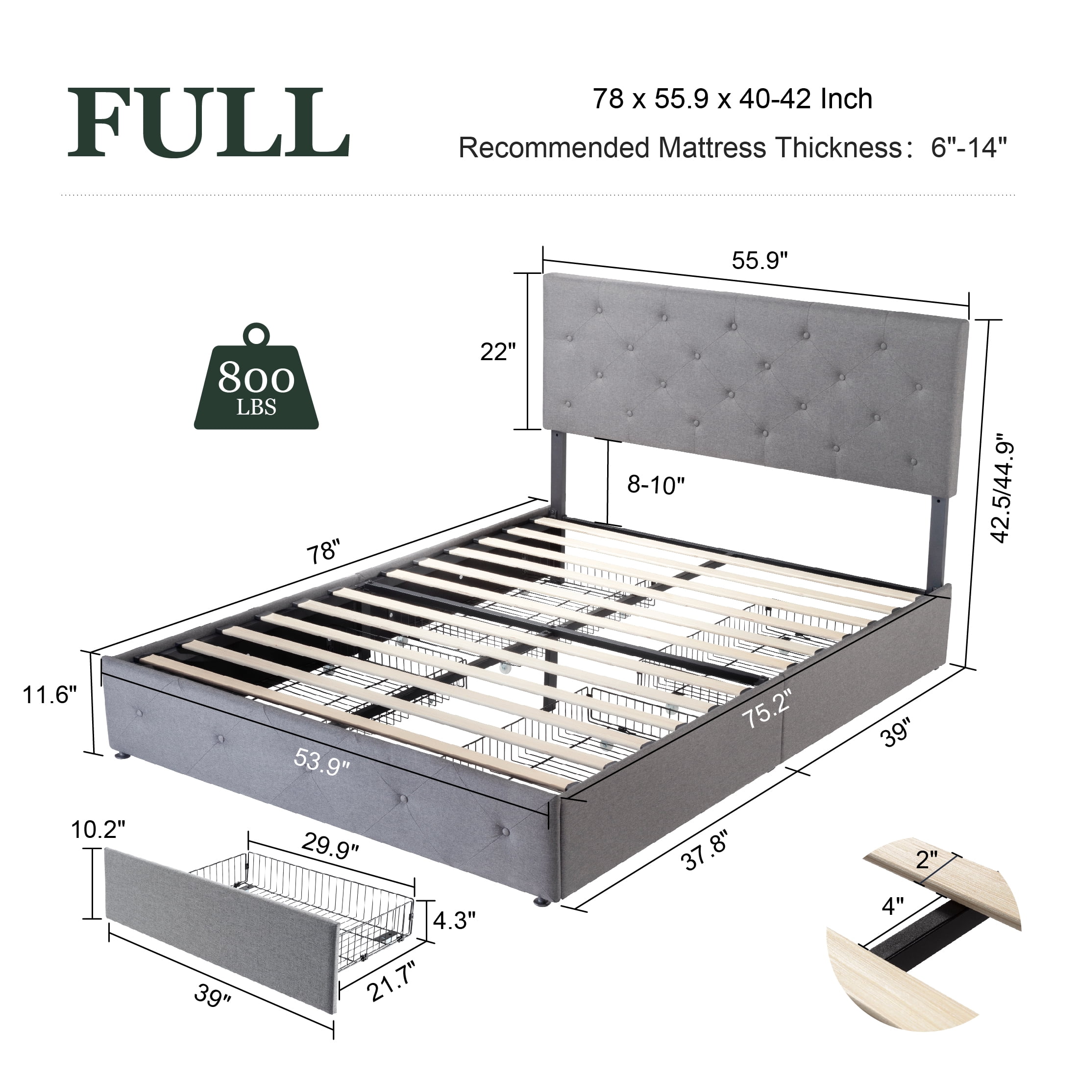 Amolife Full Size Platform Bed Frame with Diamond-stitched Headboard and 4 Drawers, Light Gray