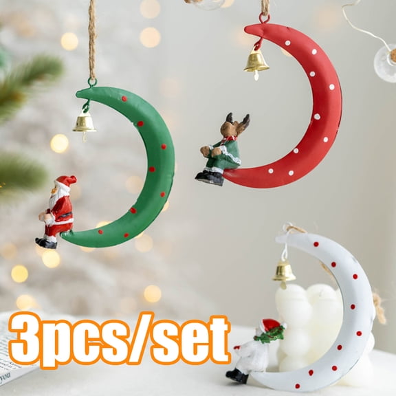 Vnanda 3Packs Santa Claus on The Moon, Santa Claus with Moon and Jingle Bell, Cute Santa Claus Ornaments for Christmas Tree Window Door Wall Ceiling Home Decor Xmas Decoration