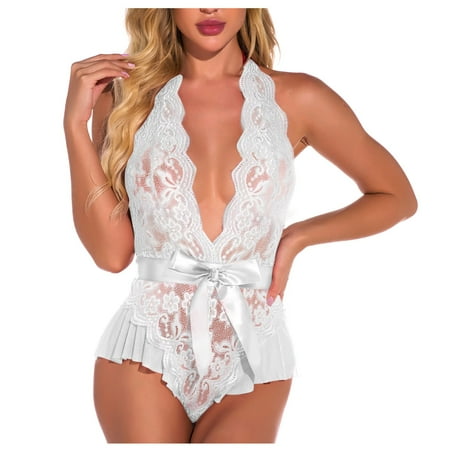 

DNDKILG Women s One Piece Teddy Lace Lingerie Halter Babydoll Sleepwear Bodysuit S