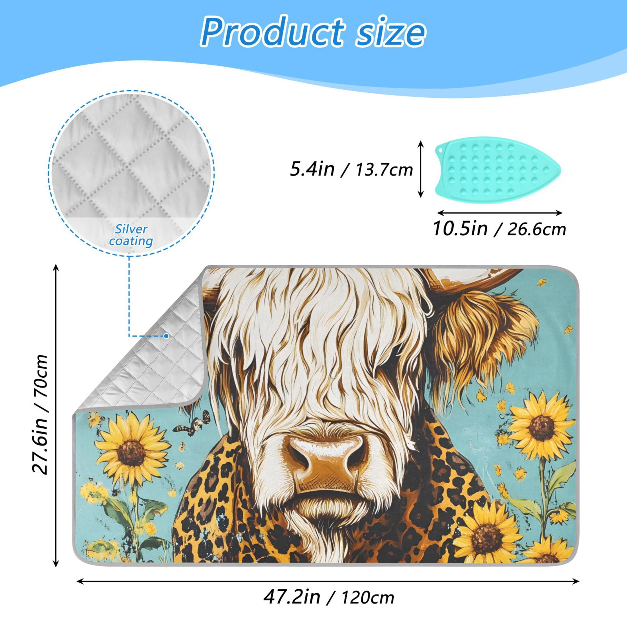 Highland Cow and Sunflowers Ironing Mat Blanket Portable Travel Ironing Pad Heat Resistant Pad 47.2" x 27.6”