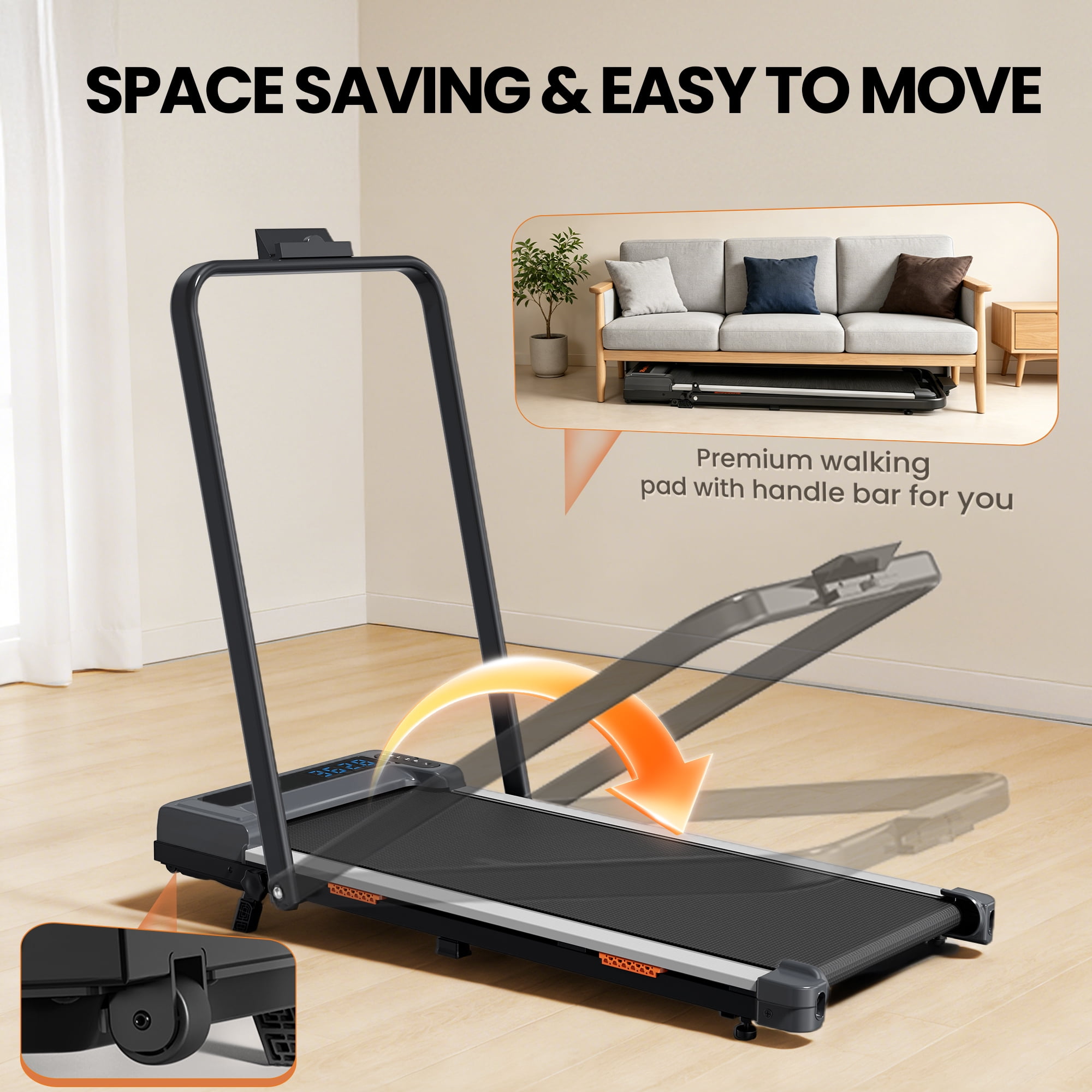 Walking Pad Treadmill with Handle Bar & Adjustable Incline, Foldable Portable Treadmills for Home Office, Quiet Under Desk Treadmill, 265 LBS Capacity, Black