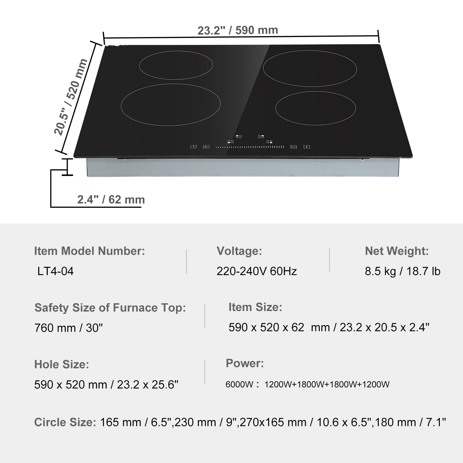 VEVOR 6000W Built-in Electric Cooktop Radiant Induction Cooktop Ceramic Cooktop 4 Burners Sensor Touch Stove 23.2''x20.5''