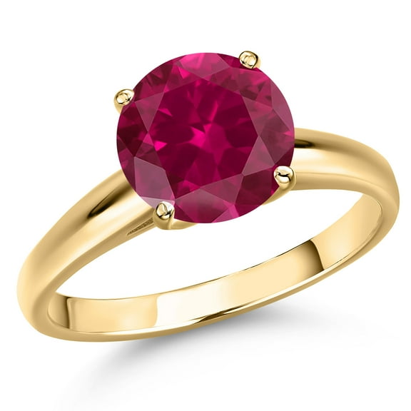 Gem Stone King 14K Yellow Gold Red Created Ruby Engagement Ring for Women | 4.00 Cttw | Round 10MM | Gemstone July Birthstone | Size 9