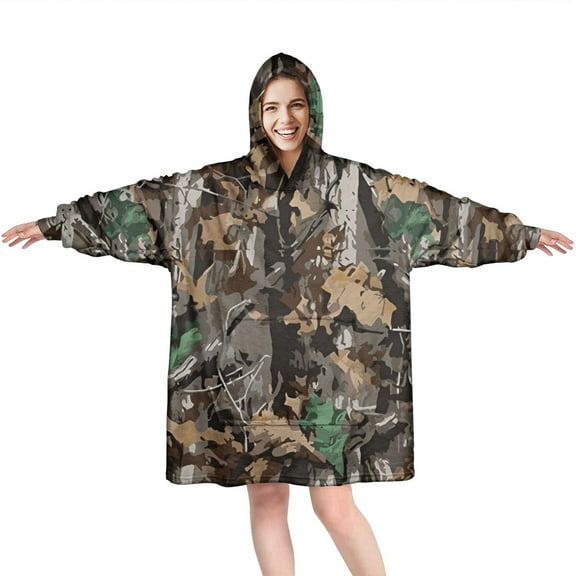 Brown Green Camo Leaves Branches Pattern Wearable Oversized Blanket,Wearable Blanket Hoodie for Adults,Cozy Hooded Blankets with Super Pockets,Super Warm Fuzzy Pullover for Women & Men
