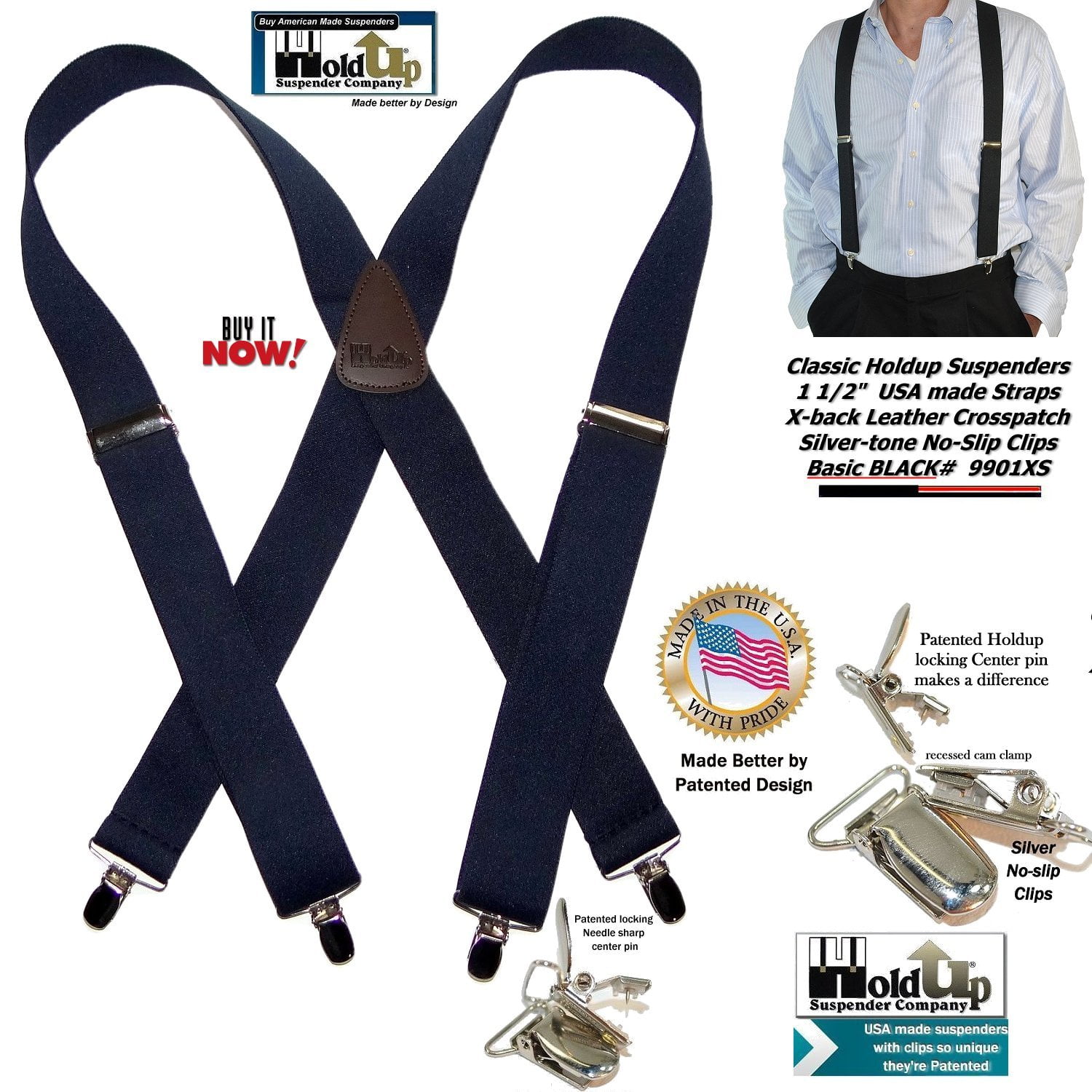 Holdup Suspender Holdup Suspender Brand Classic Xback Black Suspenders with noslip Patented